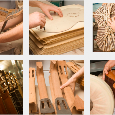 Montagem artesanal de guitarras em madeira em várias fases da produção.
