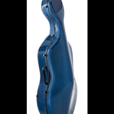 Estojo rígido azul para violoncelo com fechos e pega pretos