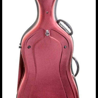 Estojo rígido vermelho para violoncelo com fecho metálico e pega preta