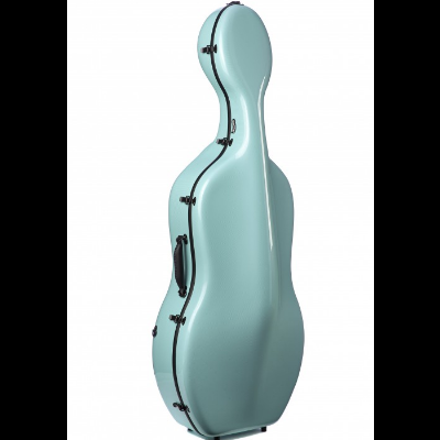 Estojo rígido azul claro para violoncelo com fechos e alça pretos