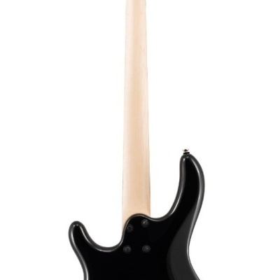 Guitarra elétrica preta vista de costas com braço de madeira clara