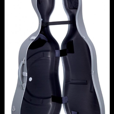 Estojo cinza aberto para instrumento com interior acolchoado preto