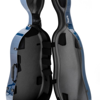 Estojo rígido azul para instrumento musical aberto com interior cinza acolchoado