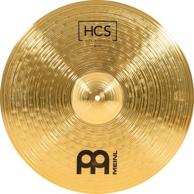 Prato de bateria dourado texturizado com inscrições MEINL e HCS