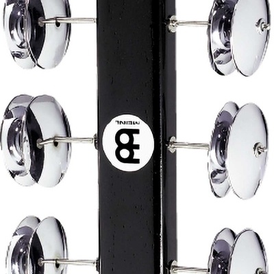 Instrumento musical com pratos de metal prateado e base preta, etiqueta MEINL