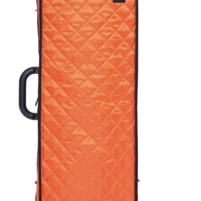 Estojo acolchoado laranja com alça preta e etiqueta Bam