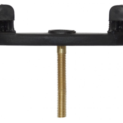 Suporte preto com extremidades acolchoadas e haste roscada metálica dourada