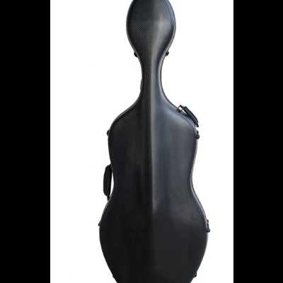 Estojo rígido preto para violoncelo com textura carbonada