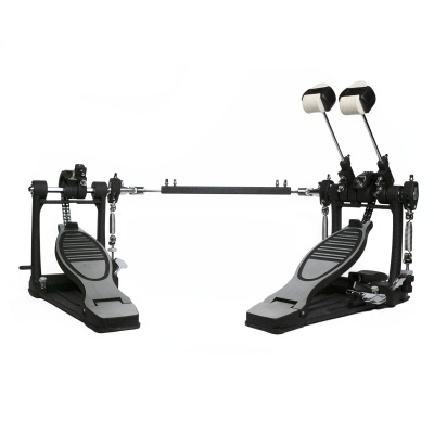 Pedal duplo para bateria preto e cinza com dois batentes e estrutura metálica