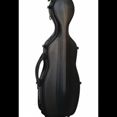 Estojo rígido preto para violoncelo em fibra de carbono com fechos e alça.