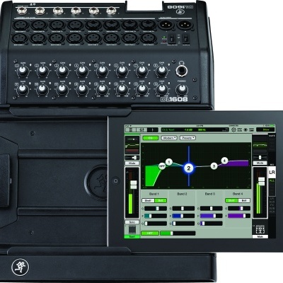 Interface de áudio Mackie DL1608 com iPad a mostrar aplicação de mixagem