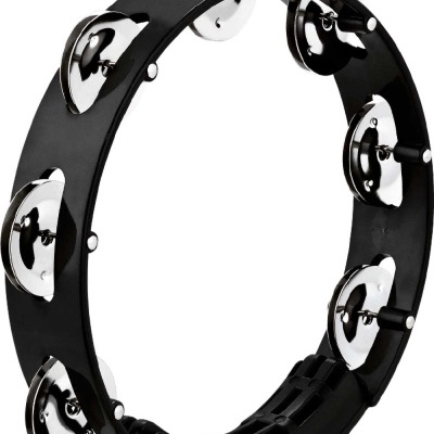 Pandeireta preta com pratos metálicos cromados