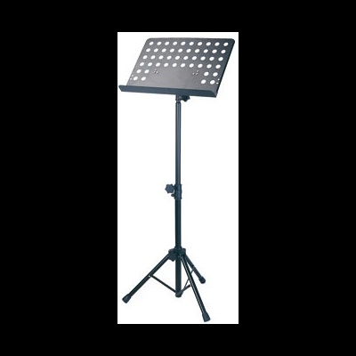 Estante de música preta em metal com base tripé e tampo rectangular com furos