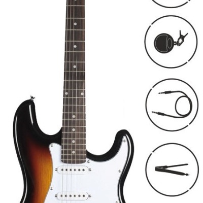 Guitarra elétrica sunburst com acessórios representados em ícones