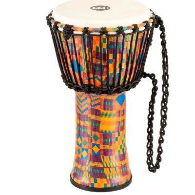 Djembe colorido com padrões geométricos e alça preta
