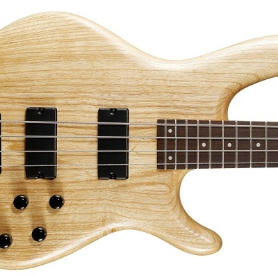 Baixo elétrico em madeira clara com captadores e botões pretos