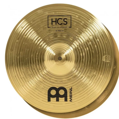 Par de pratos de bateria dourados com texto HCS MADE IN CHINA, model 100 e logotipo MEINL