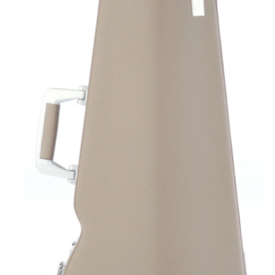 Estojo rígido bege para violino com pega branca e etiqueta prateada