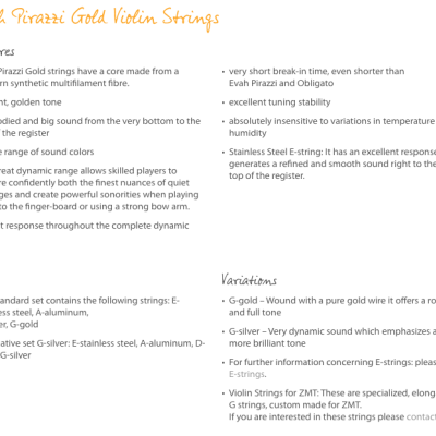 Texto descritivo das cordas de violino Evalh Pirazzi Gold com características e variações