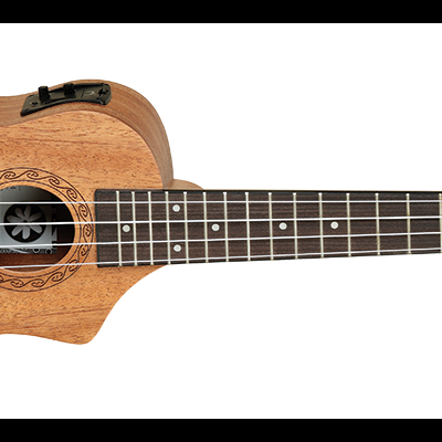 Ukulele de madeira castanha com detalhes pretos e metálicos