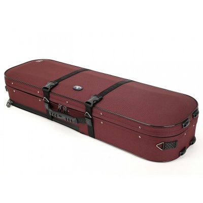 Estojo rígido para violino bordô com cintas pretas e fechos metálicos
