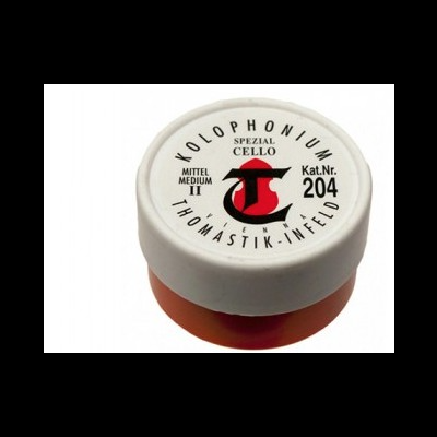 Recipiente branco com texto preto e vermelho para kolophonium para violoncelo.