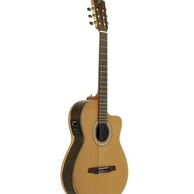 Guitarra acústica com corpo em madeira clara e laterais escuras, braço de madeira escura e sistema elétrico embutido.