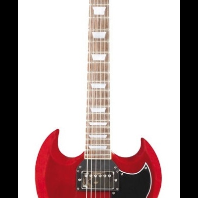 Guitarra elétrica vermelha com braço de madeira clara e detalhes pretos