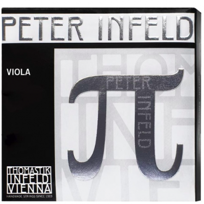 Embalagem preta e branca de cordas para viola Peter Infeld com logotipos e texto visíveis.