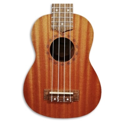 Ukulele de madeira castanho com cordas brancas e aro decorado