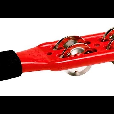 Instrumento musical de percussão com guizos em plástico vermelho e punho preto