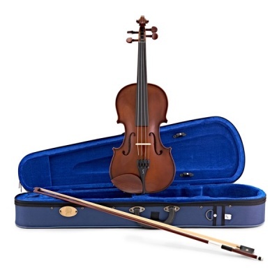 Violino castanho com estojo azul e arco