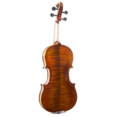 Violino de madeira castanha com acabamento lustroso visto de trás