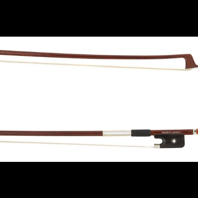 Arco de violino em madeira castanha com crina branca e inscrição 'GALWAY violin No. 4 made in CHINA'