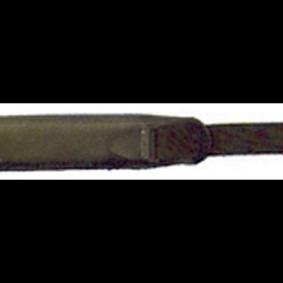 Alça preta de tecido e couro com fivela metálica