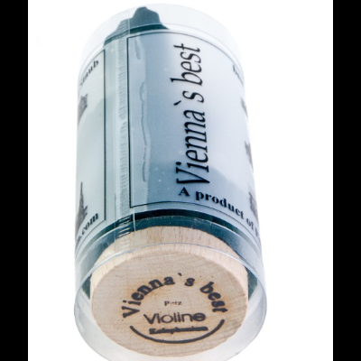 Rolo de corda para violino com embalagem transparente e rótulos 'Vienna's best' e 'Violine'