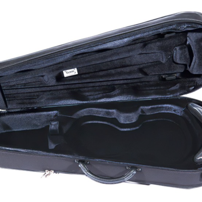Estojo rígido preto para violino com interior aveludado e etiqueta 'buni'