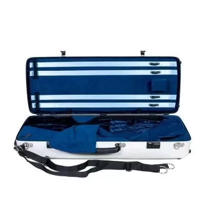 Estojo para violino branco com interior azul escuro e alça preta ajustável