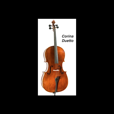 Violoncelo castanho com texto 'Corina Duetto' em fundo branco