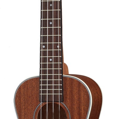 Ukulele de madeira castanha com quatro cordas e detalhes brancos