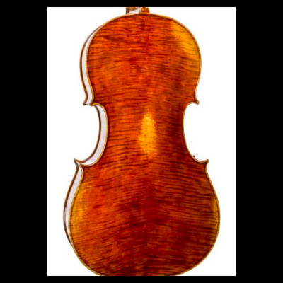 Traseira de violino de madeira âmbar e laranja com acabamento brilhante sobre fundo branco