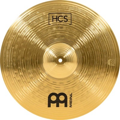 Prato de bateria dourado com texto HCS e logotipo MEINL