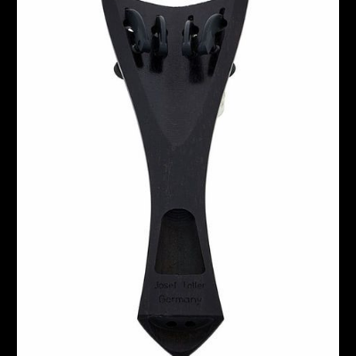 Cabeça de instrumento musical em madeira preta com cravelhas e inscrição