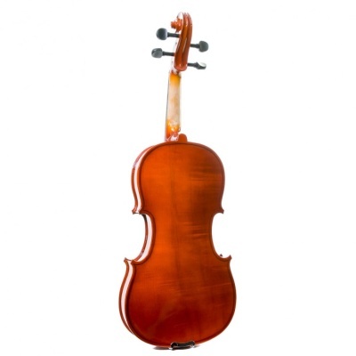 Violino de madeira castanho visto de trás em fundo branco