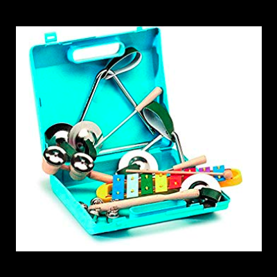 Estojo azul com brinquedos musicais infantis de metal e madeira coloridos