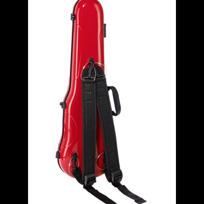 Estojo rígido vermelho para violino com alças pretas em fundo branco