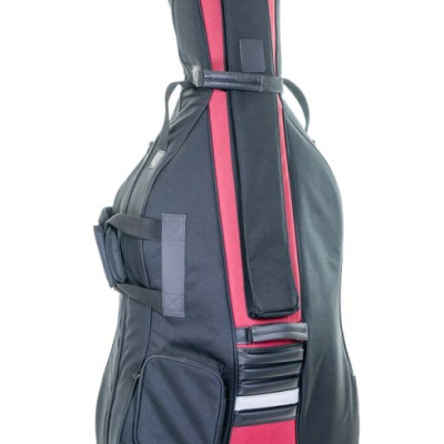 Estojo para guitarra preto com detalhes vermelhos e bolsos