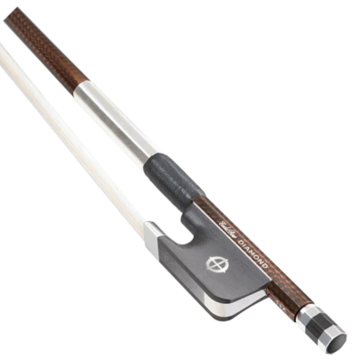 Arco para violino em madeira e fibra de carbono com detalhes metálicos e preta empunhadura