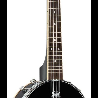 Banjo preto com braço de madeira escura e detalhes cromados