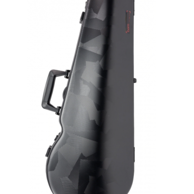 Estojo rígido preto para violino com padrão camuflado e punho lateral